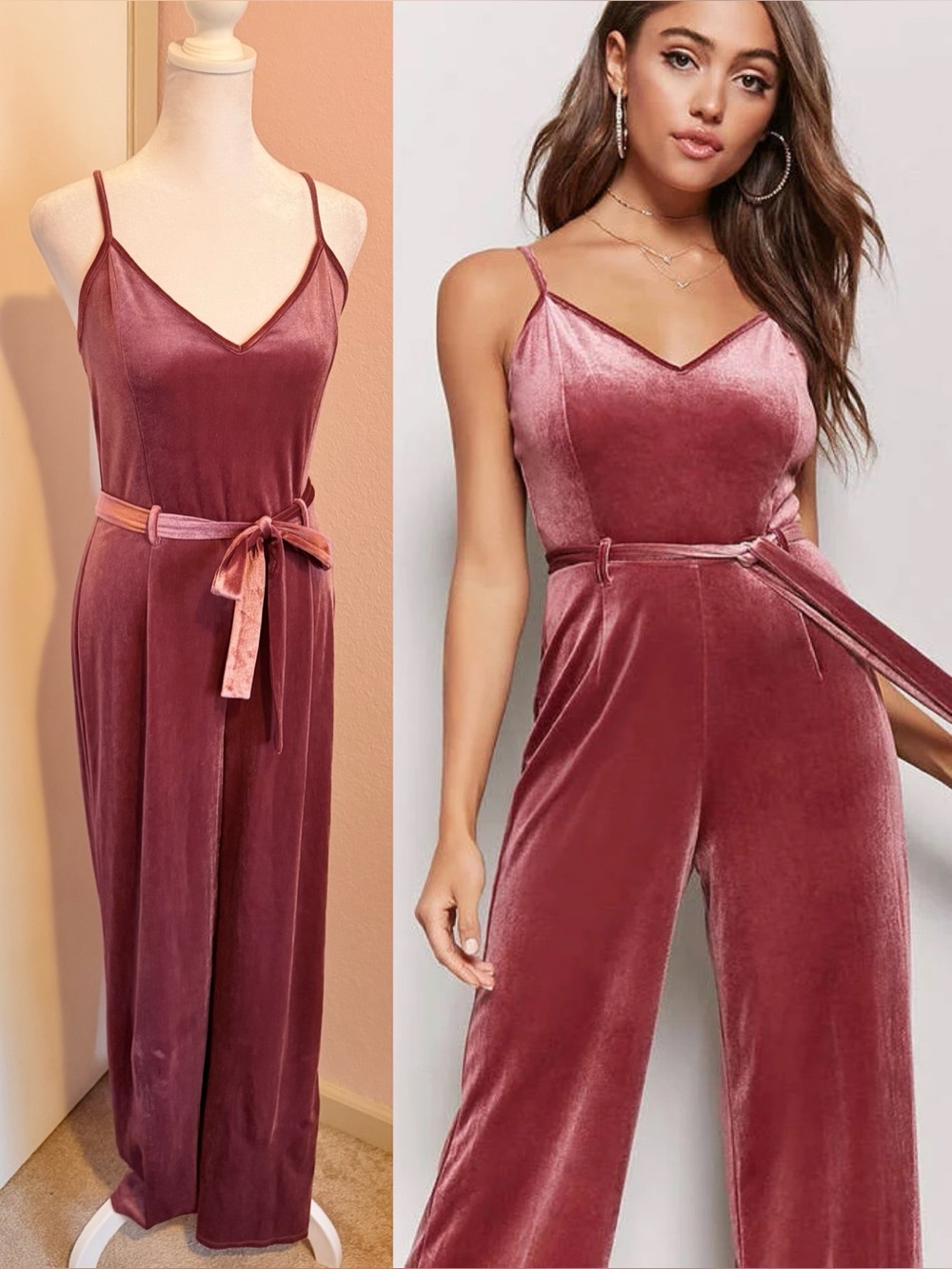 Velour Wide Leg Tie Sash Jumpsuit in Mauve-Rose